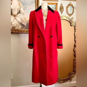 Vtg Red Wool Blend Black Velvet Trim Full Length Coat • Made in Yugoslavia